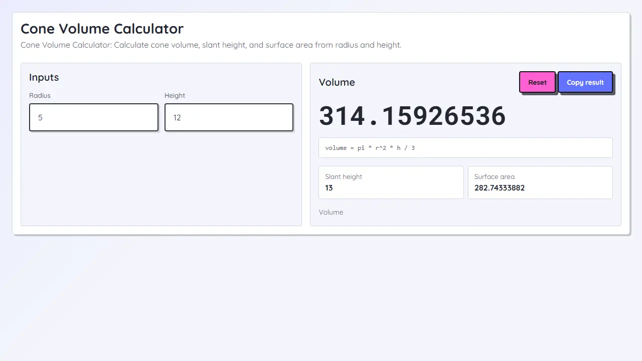 Imagen teaser de Calculadora de volumen de cono