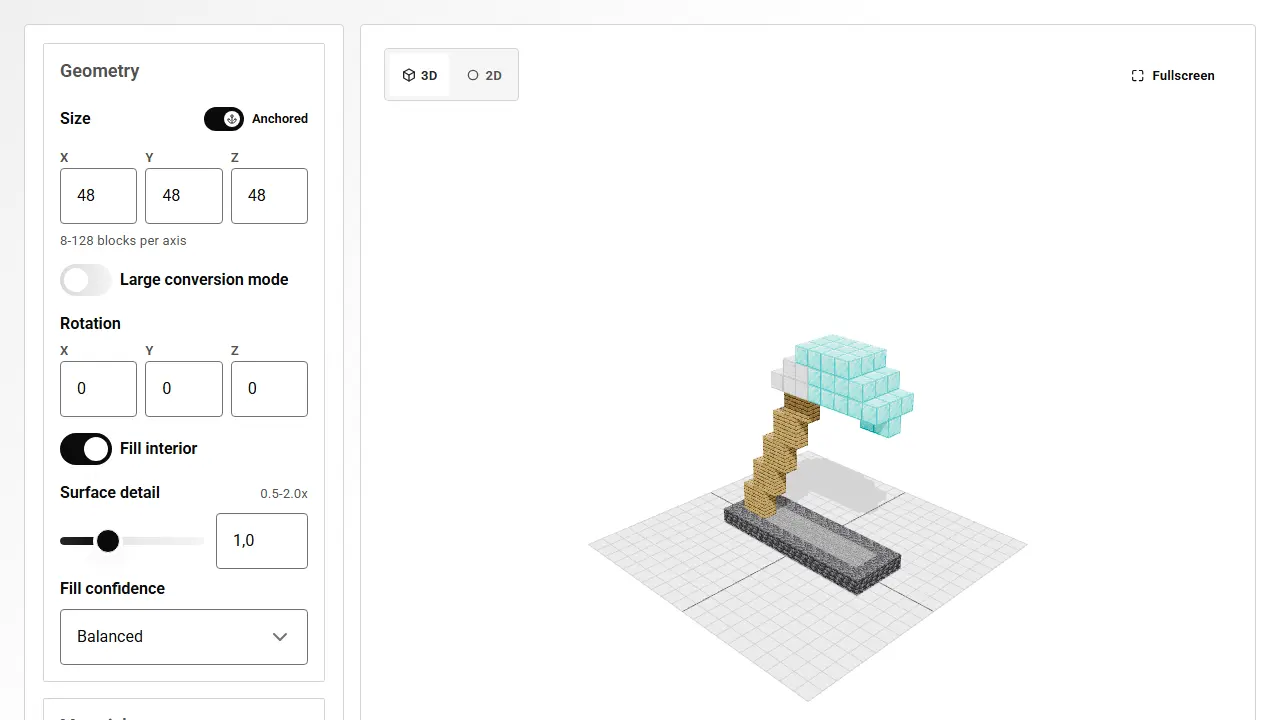 Minecraft 3D model converter preview showing a voxelized model and tool controls