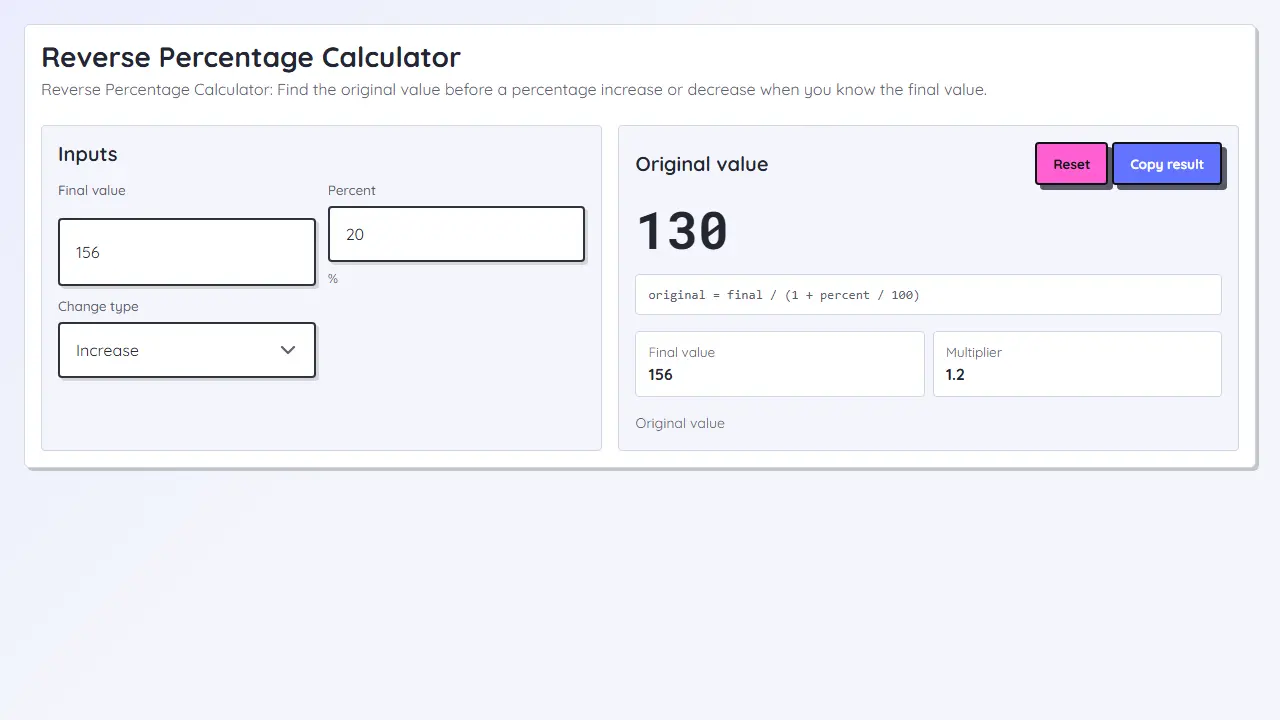 Immagine teaser di Calcolatore di percentuale inversa