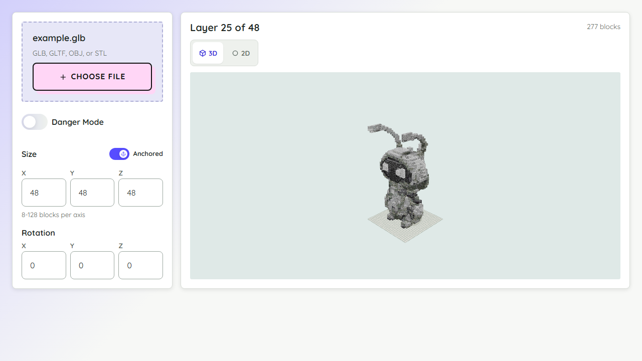 Minecraft 3D model converter preview showing voxel settings and a block model render