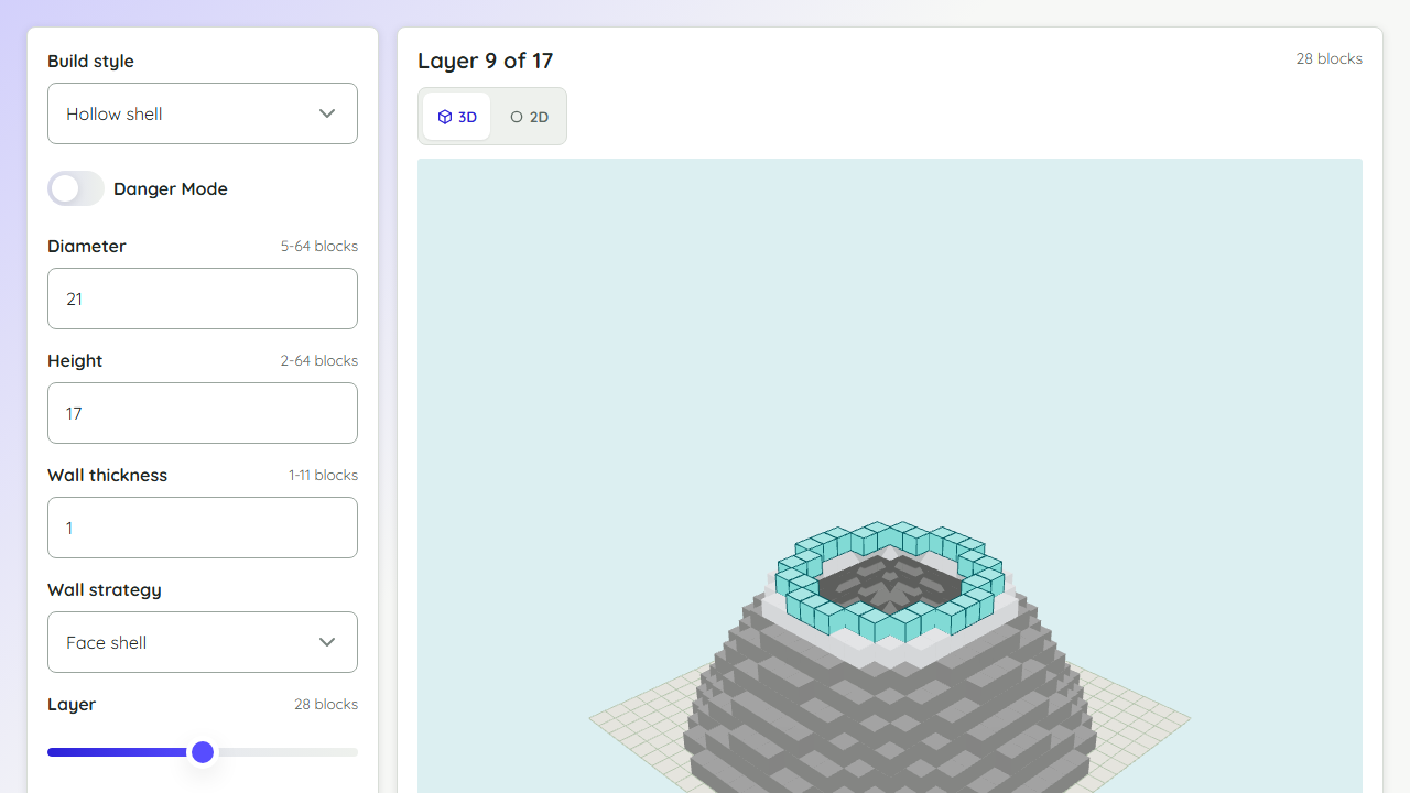 Minecraft cone generator preview showing height controls and a 3D block cone