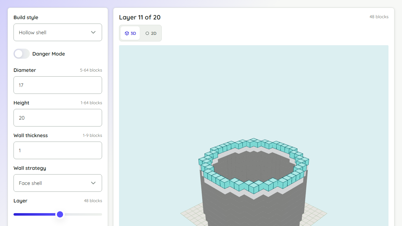 Minecraft cylinder generator preview showing tower controls and a 3D block cylinder