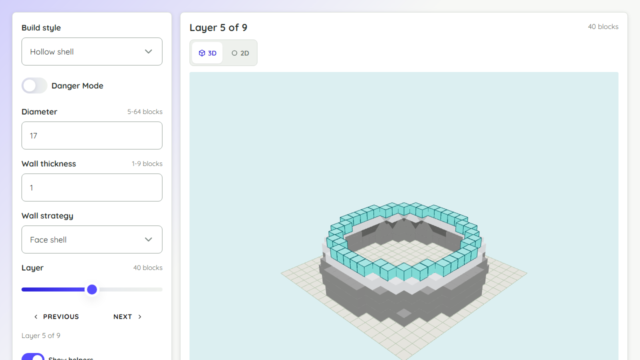 Minecraft dome generator preview showing build controls and a 3D hemisphere block render