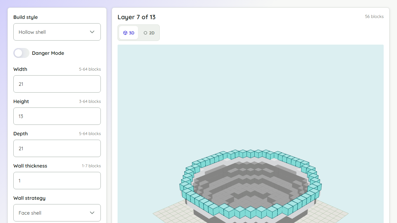 Minecraft ellipsoid generator preview showing width and height controls with a 3D oval block model