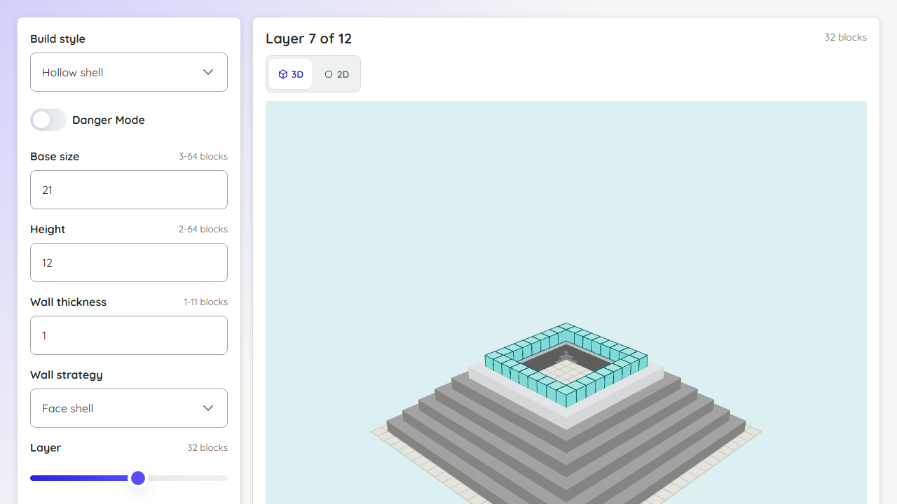 Minecraft pyramid generator preview showing base size controls and a 3D block pyramid