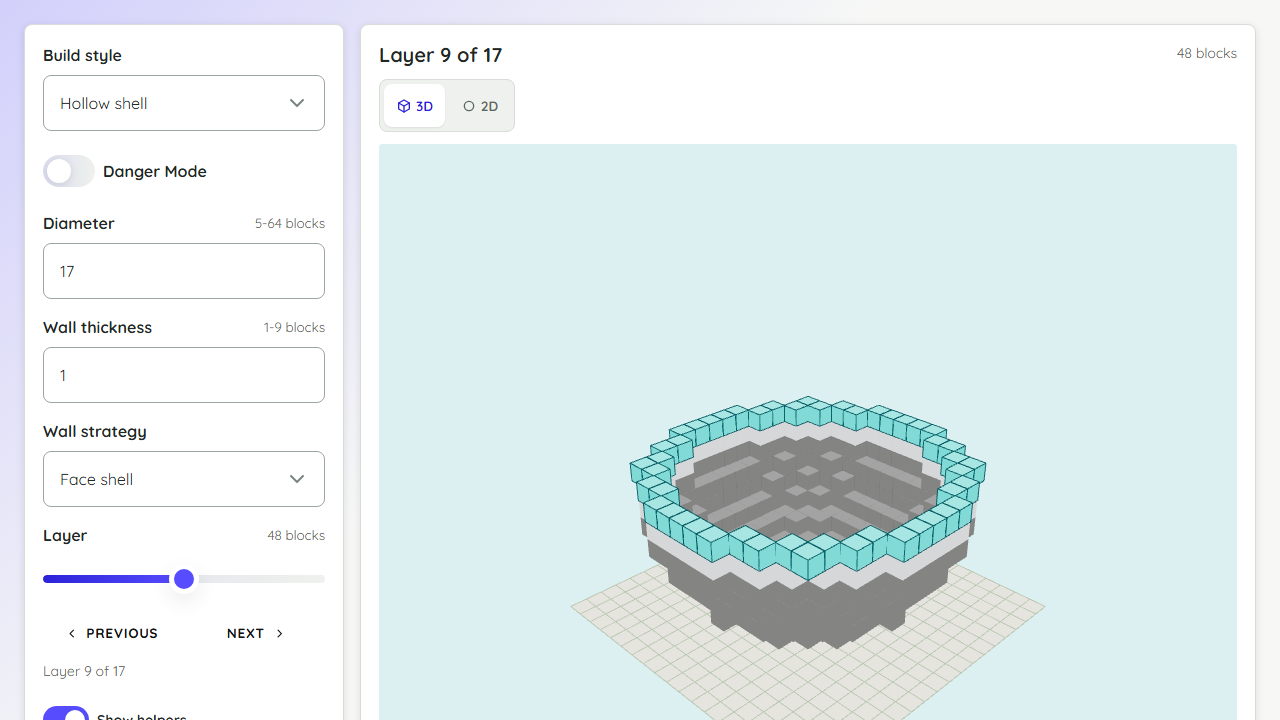 Minecraft sphere generator preview showing layer controls and a hollow 3D block sphere