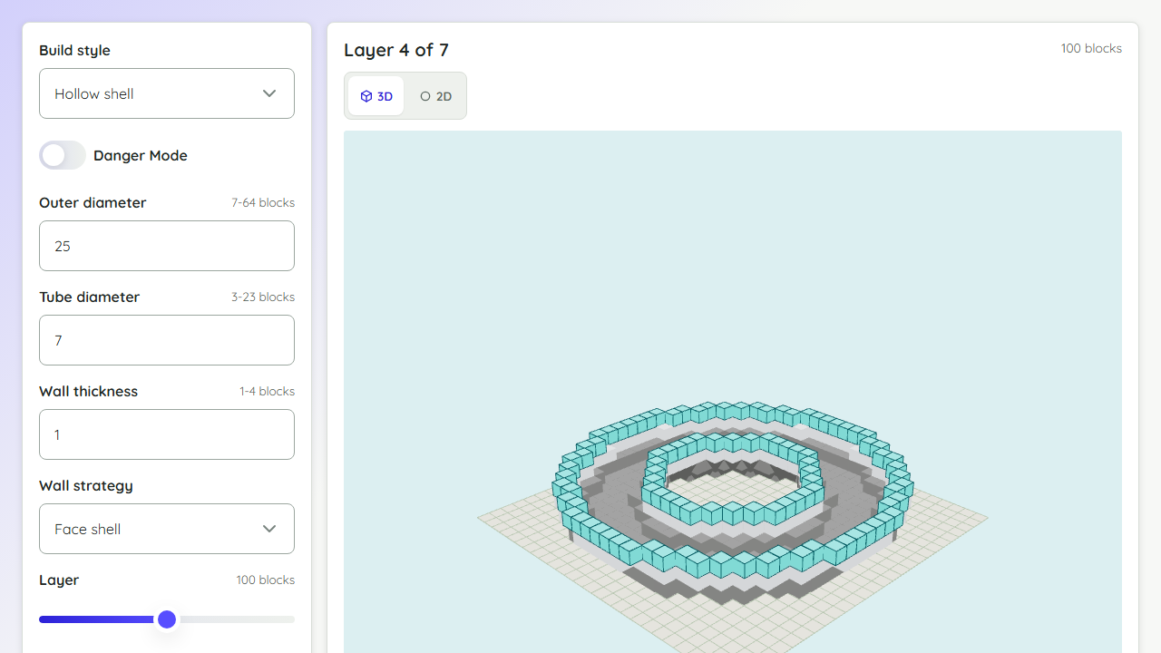 Minecraft torus generator preview showing ring controls and a 3D donut-shaped block render