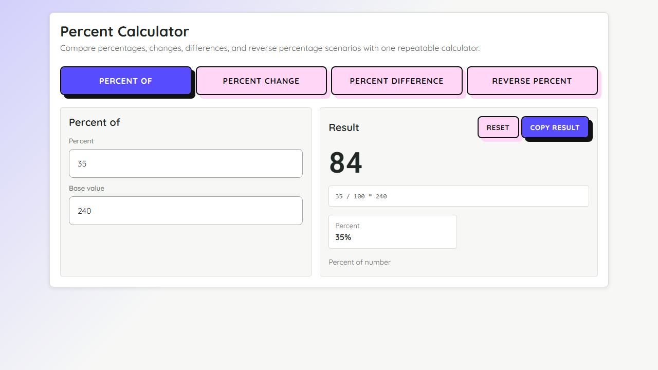 Percent calculator preview showing percentage modes, number inputs, and a calculated result
